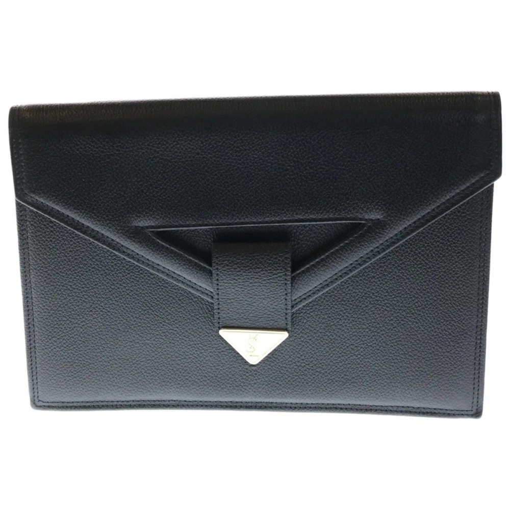Yves Saint Laurent Black Leather Clutch with Gold Accent